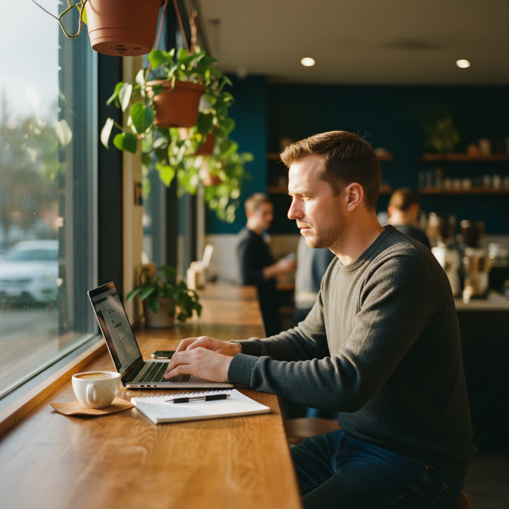 Man working on a laptop at a warm cafe window seat in afternoon light