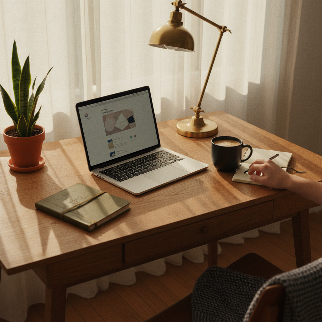 A calm minimalist home-office workspace seen from above in morning light