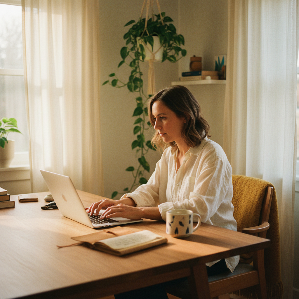 Woman freelancer writing client content on a laptop in a sunlit home office