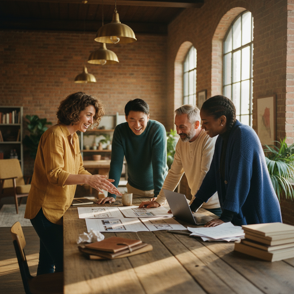 Small agency team collaborating around a wooden table with laptops and mockups