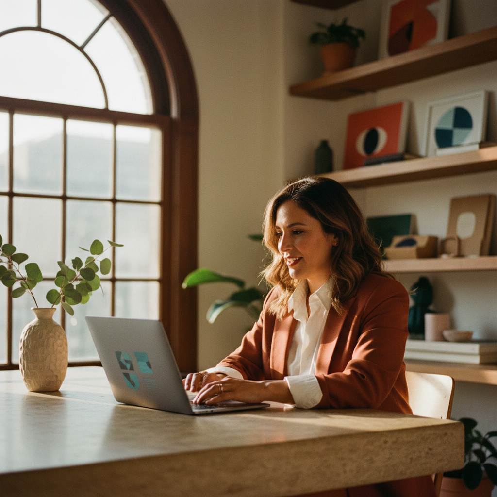 Woman founder reviewing a draft on her laptop in a modern studio