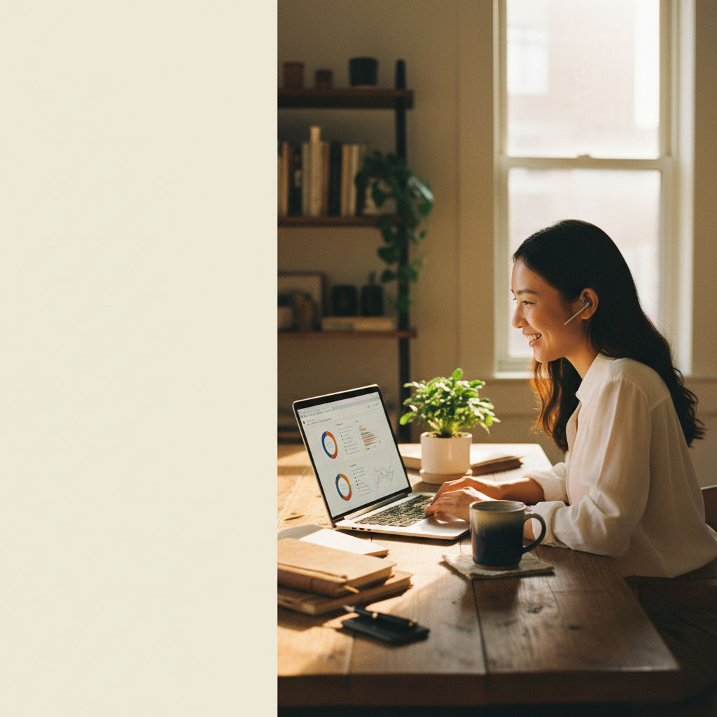 Customer support agent with headset smiling at her laptop in warm afternoon light