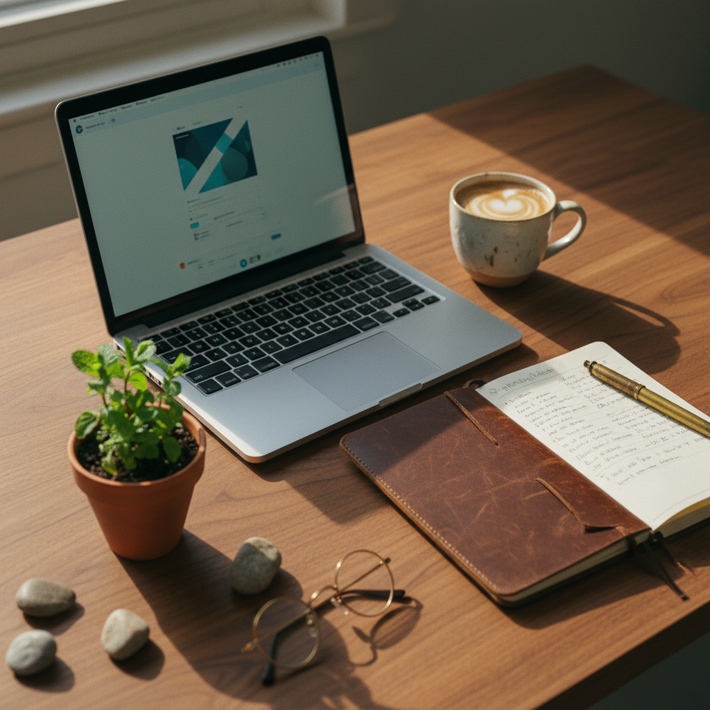 Overhead view of a laptop, notebook, coffee and plant on a warm wooden desk