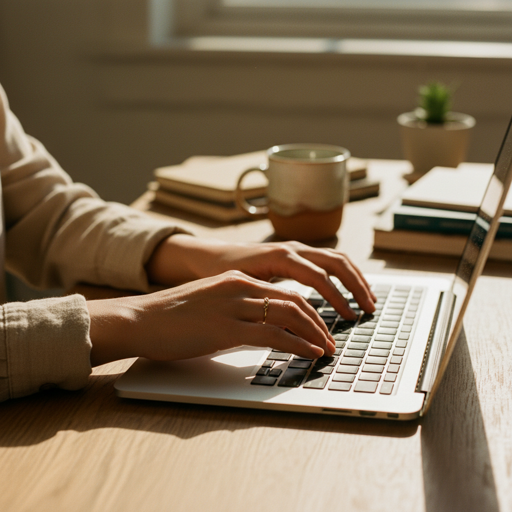 Close-up of hands typing on a laptop keyboard in warm window light
