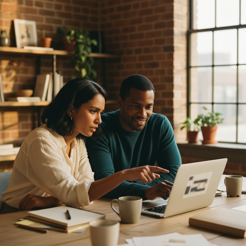 Two colleagues reviewing marketing copy together on a laptop