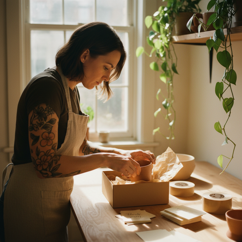 Small ecommerce owner packing handmade ceramic orders in her studio